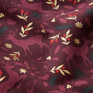 Baumwollstoff Popeline springende Hirsche – merlot/gold, 