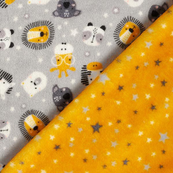 Kuschelfleece Doubleface Brillentiere und Sterne – nebelgrau/sonnengelb – Muster, image number 1