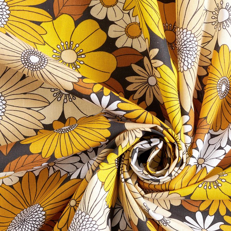 Baumwollstoff Cretonne große Retroblumen – schwarz/sonnengelb, image number 3