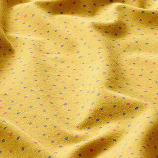 Baumwolljersey bunte Pünktchen – currygelb | Reststück 100cm