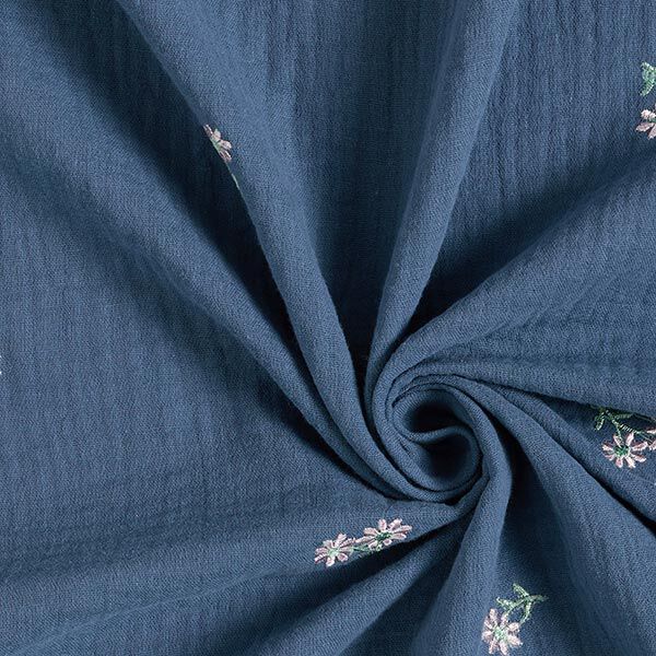 Musselin/ Doppel-Krinkel Gewebe aufgestickte Blümchen – jeansblau, image number 3