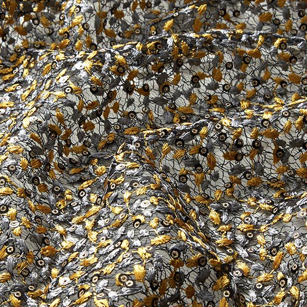 Spitzenstoff Blumenranken & Pailletten – schwarz/gold, image number 2