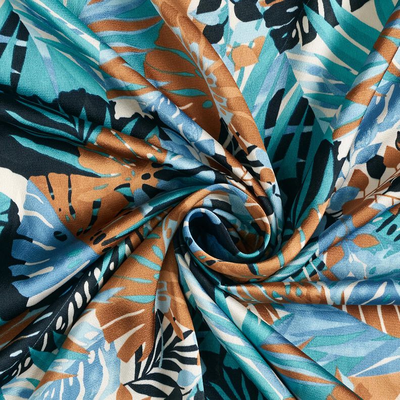 Crêpe Satin Palmen und Monstera – brilliantblau/schwarzblau, image number 3