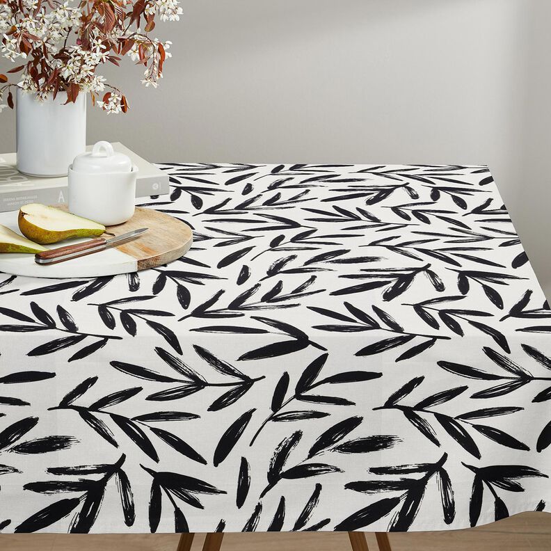 Dekostoff Halbpanama minimalistische Blätter – schwarz/elfenbein, image number 7