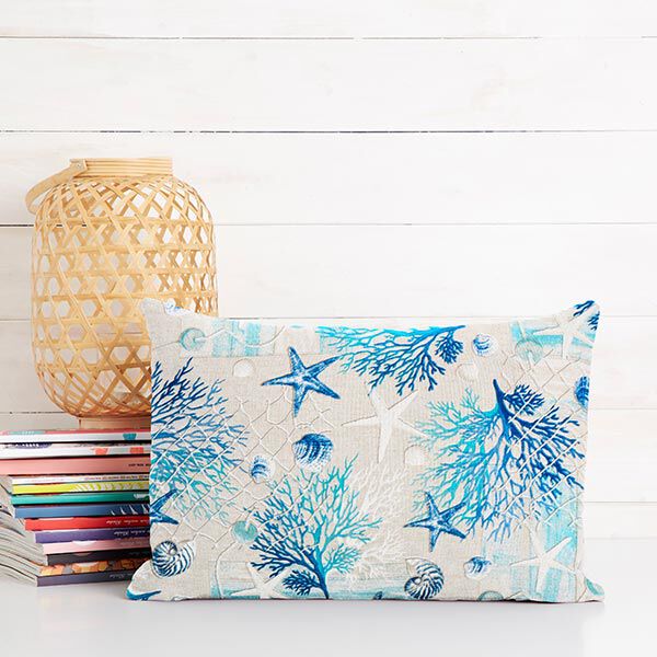 Dekostoff Canvas Maritime Collage – blau/türkis | Reststück 100cm