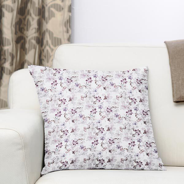 Dekostoff Baumwollpopeline Schmetterlinge & Orchideen – pastellviolett