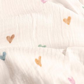 Musselin/ Doppel-Krinkel Gewebe bunte Herzen Digitaldruck – weiss, 