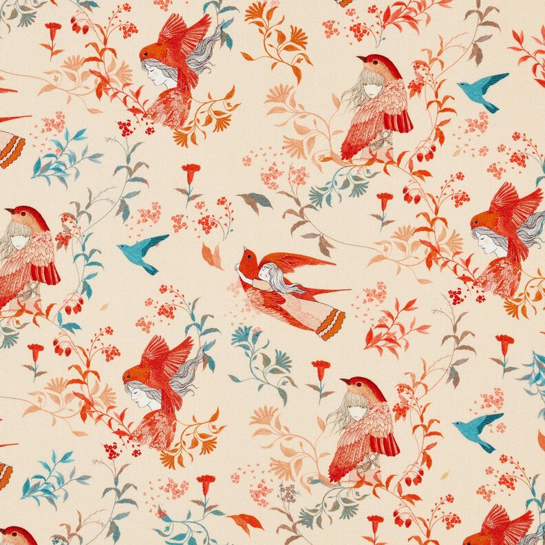 LENZING™ ECOVERO™ Viskosestoff Vögel und Feen | Katia Fabrics – creme/feuerrot,  image number 1