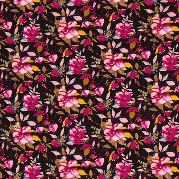 Viskosejersey wunderschöne Blumen – schwarz/violett | Reststück 120cm