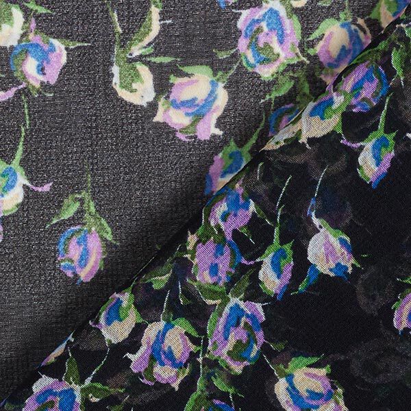 Chiffon Wildblumen - schwarz | Reststück 100cm