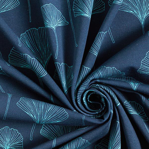 Baumwolljersey Ginkgoblätter – marineblau | Reststück 100cm