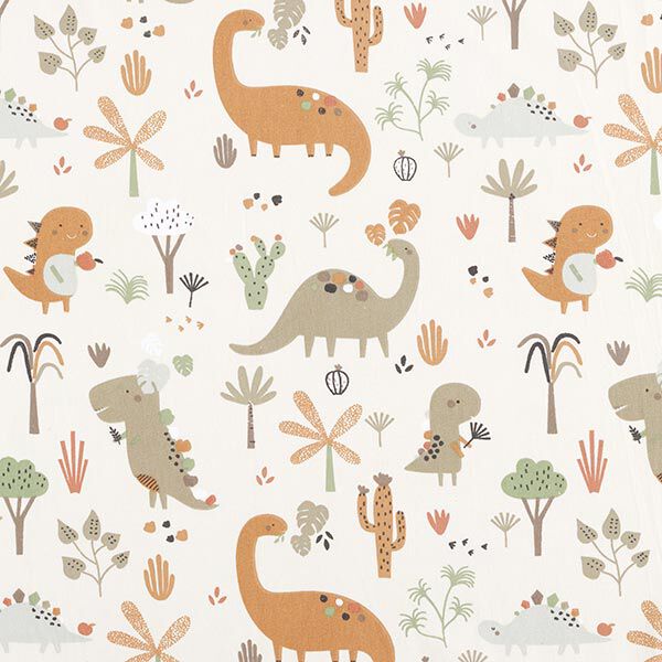 Baumwollpopeline glückliche Dinos – creme/rehbraun,  image number 1