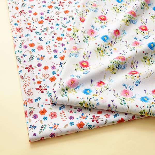 Baumwollpopeline Blümchen und Schmetterlinge Digitaldruck  – weiss | Reststück 100cm