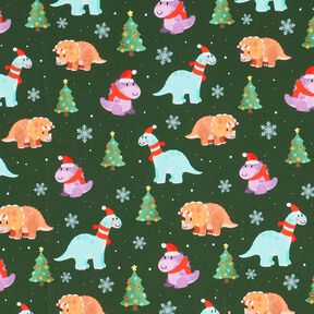 French Terry Sommersweat Baby Dinosaurier in Weihnachtsstimmung | Glitzerpüppi – dunkelgrün/chili, 