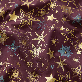 Baumwollstoff Popeline große Sterne – merlot/gold, 