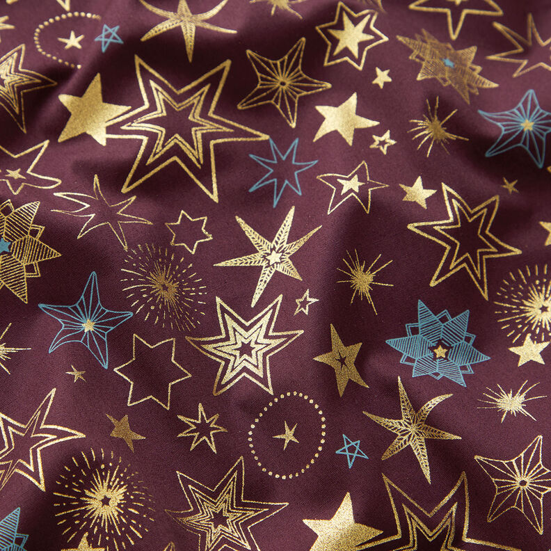 Baumwollstoff Popeline große Sterne – merlot/gold, image number 2