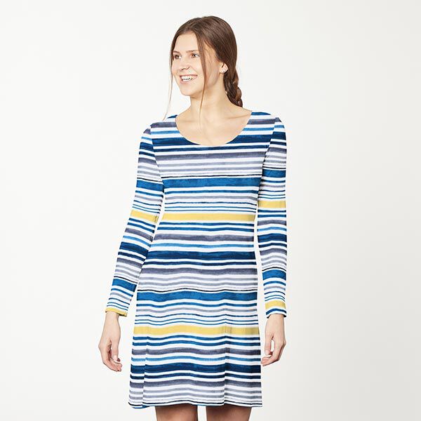 Baumwolljersey verwischte Querstreifen – weiss/blau | Reststück 70cm