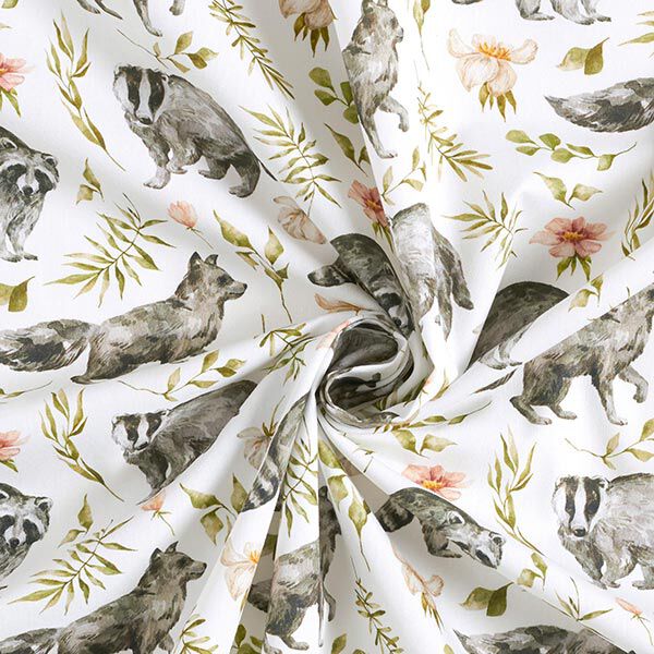 Baumwollpopeline Waschbär auf der Blumenwiese Digitaldruck – weiss | Reststück 50cm