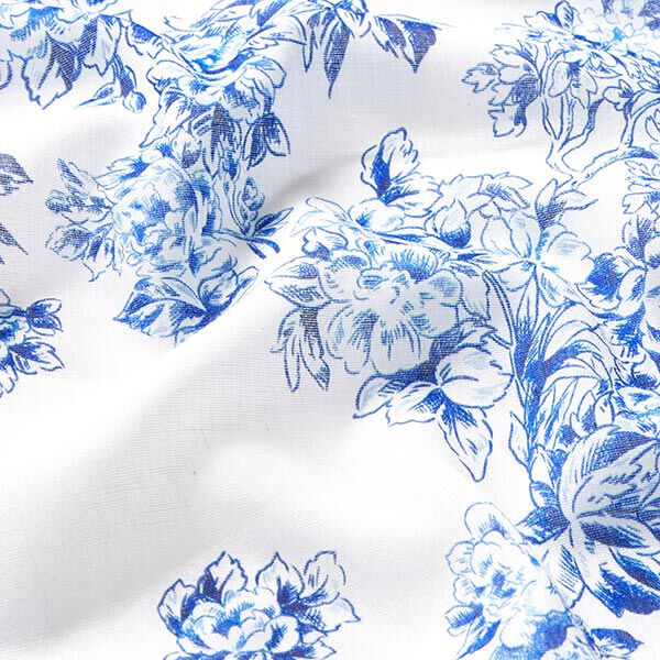 Baumwoll Voile gemalte Blumen – weiss/blau