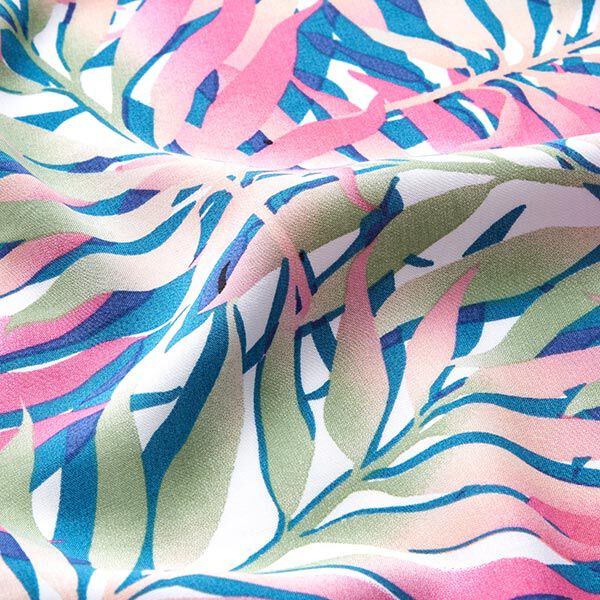 Viskosestoff tropische Blätter – weiss/rosa | Reststück 50cm