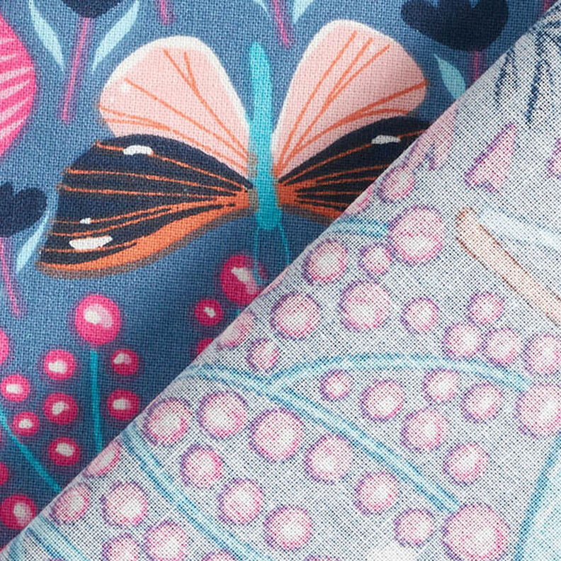 Baumwollstoff Cretonne Schmetterlinge und Blüten – blaugrau/pink,  image number 4