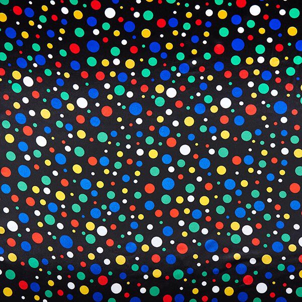 Polyestersatin bunte Punkte – schwarz | Reststück 50cm