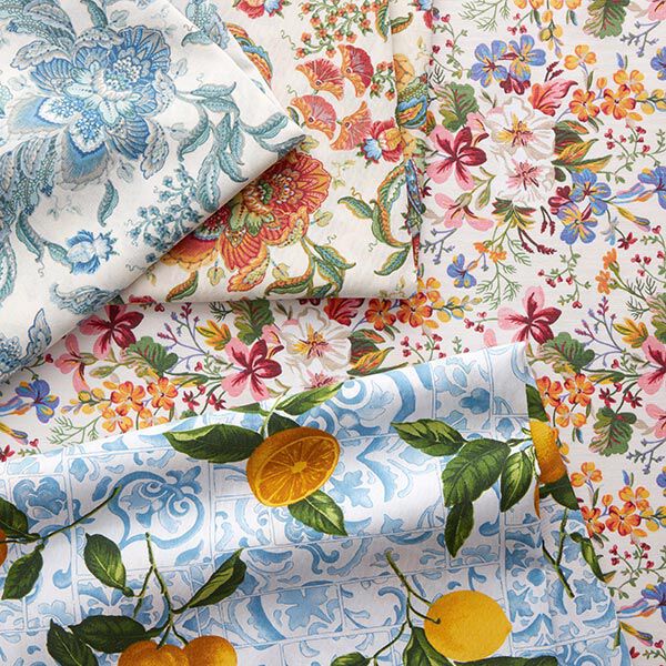 Dekostoff Canvas orientalische Blumenornamente 280 cm – weiss/blau | Reststück 50cm