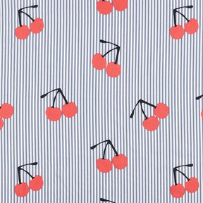 Popeline Stretch Streifen und Kirschen – weiss/indigo, 