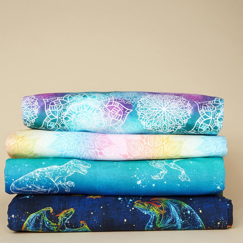 French Terry Sommersweat Regenbogenmandalas | Glitzerpüppi – hellpetrol/lavendel,  image number 5