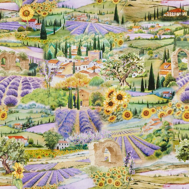 Dekostoff Halbpanama Lavendel Landschaft – grasgrün/lavendel,  image number 1