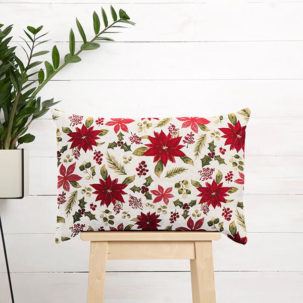 Dekostoff Canvas Christstern-Blüten – wollweiss/karminrot | Reststück 100cm