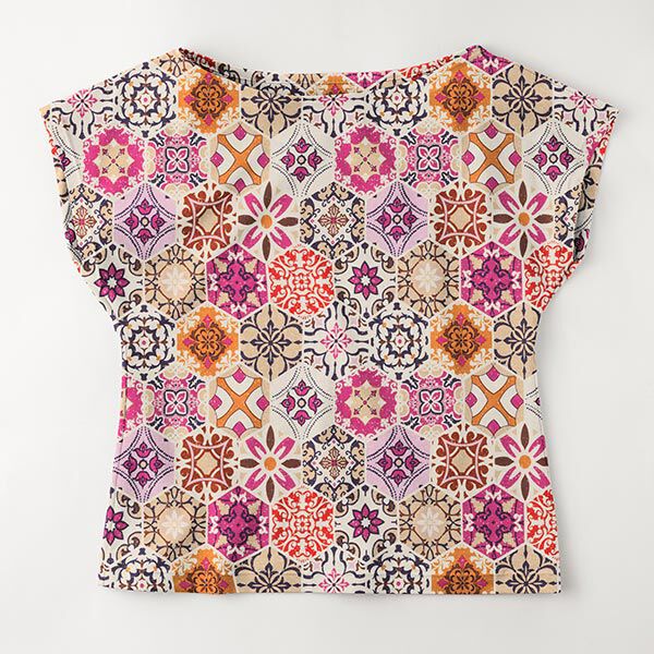 Viskosejersey Boho-Fliesen – natur/pink | Reststück 50cm