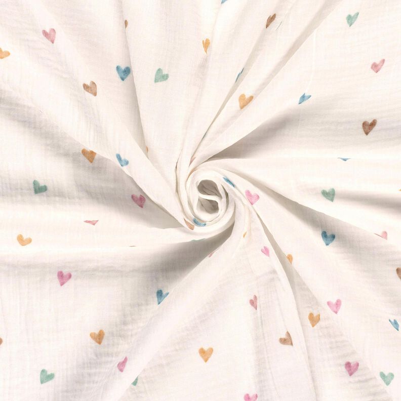 Musselin/ Doppel-Krinkel Gewebe bunte Herzen Digitaldruck – weiss,  image number 3