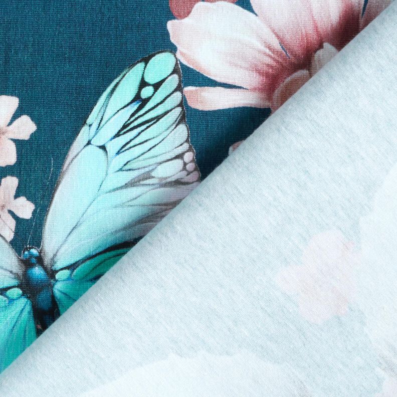 Baumwolljersey Schmetterlingswiese | Glitzerpüppi – hellpetrol/rosé, image number 4