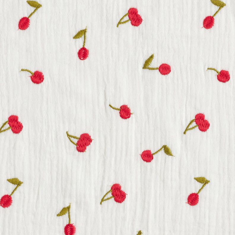 Musselin/ Doppel-Krinkel Gewebe gestickte Kirschen | Poppy Fabrics – weiss/feuerrot,  image number 1