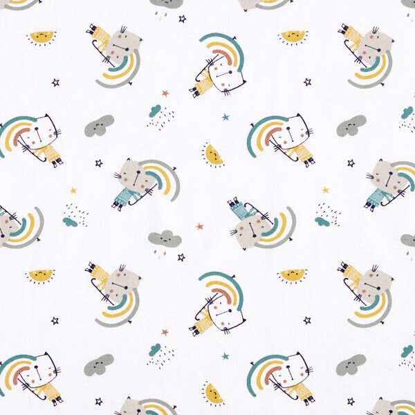 Baumwollstoff Cretonne Katzen mit Regenbogen-Schirmen – weiss, image number 1