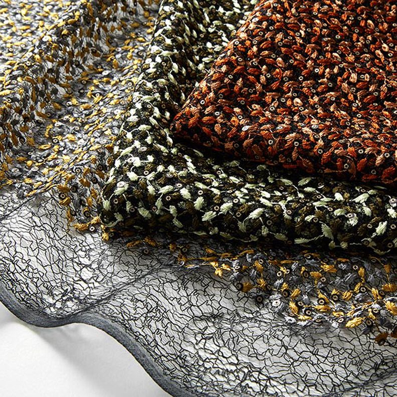 Spitzenstoff Blumenranken & Pailletten – schwarz/oliv,  image number 6