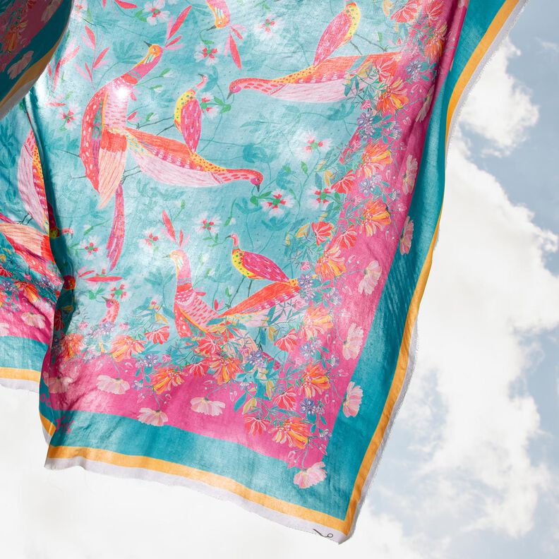 Beachwear Panel Pareo Pfauen und Blumen – aquablau/intensiv pink, image number 2