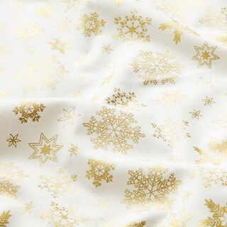 Baumwollstoff Popeline Schneekristalle – wollweiss/gold, 