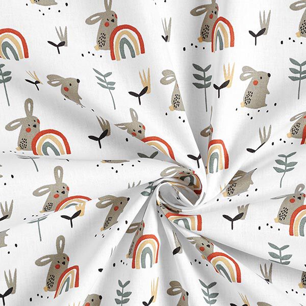 Baumwollstoffe Cretonne Hase und Regenbogen – weiss/schlamm