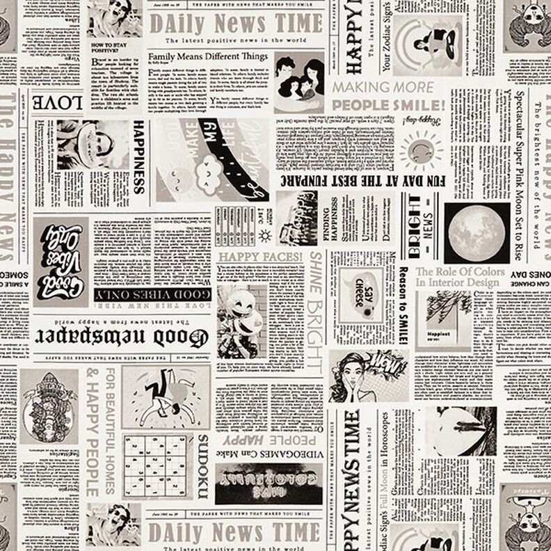 Dekostoff Halbpanama Retro-Zeitung – weiss/schwarz,  image number 1