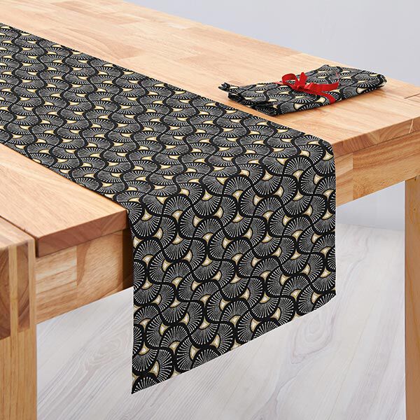 Dekostoff Jacquard kleine Fächer – schwarz/gold | Reststück 100cm