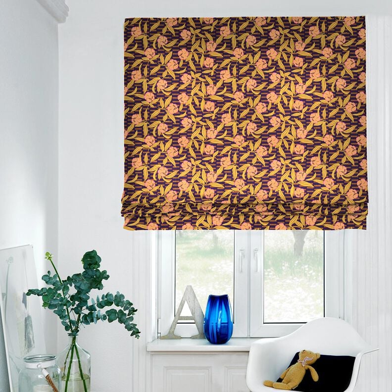 Dekostoff Halbpanama kunterbunte Blumen – aubergine/hellorange, image number 5