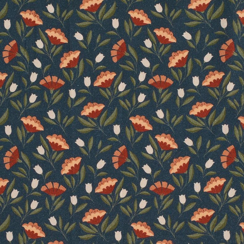 Baumwollstoff Popeline filigrane Blüten – schwarzblau/terracotta, image number 1