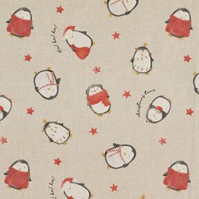 Dekostoff Halbpanama festliche Pinguine – natur/karminrot, 