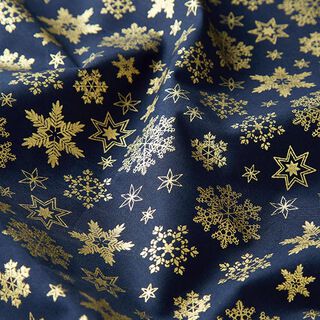 Baumwollstoff Popeline schimmernde Schneeflocken – nachtblau/gold, 