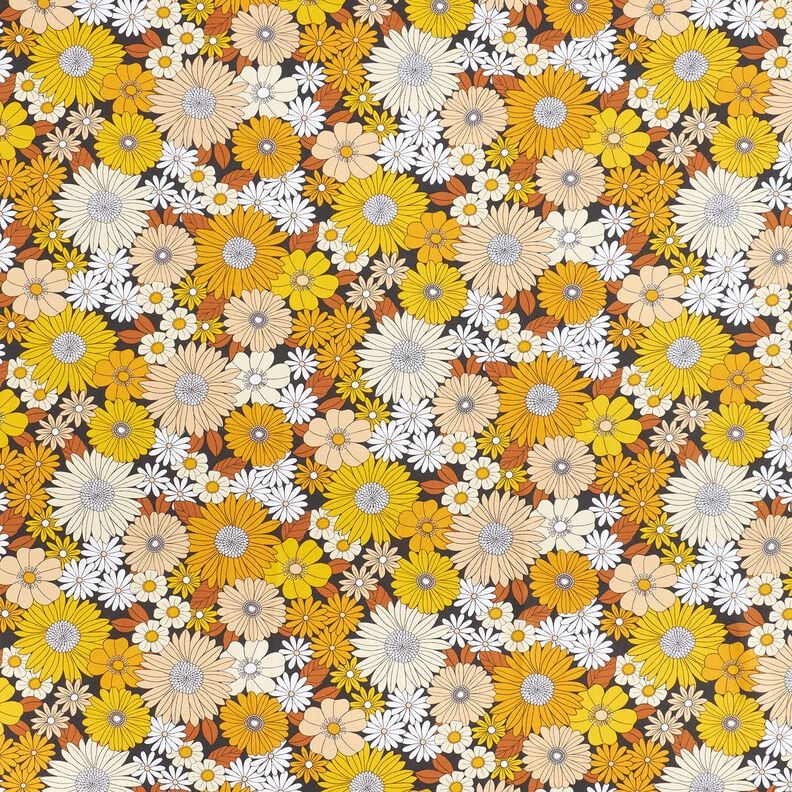 Baumwollstoff Cretonne große Retroblumen – schwarz/sonnengelb, image number 1