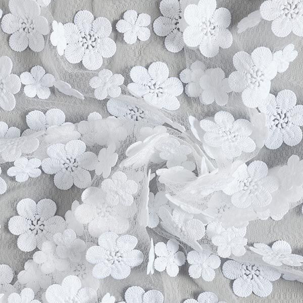 Softmesh 3D Blumenstickerei – weiss | Reststück 50cm