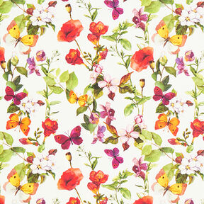 Outdoorstoff Canvas Blüten und Schmetterlinge – weiss/lila, 