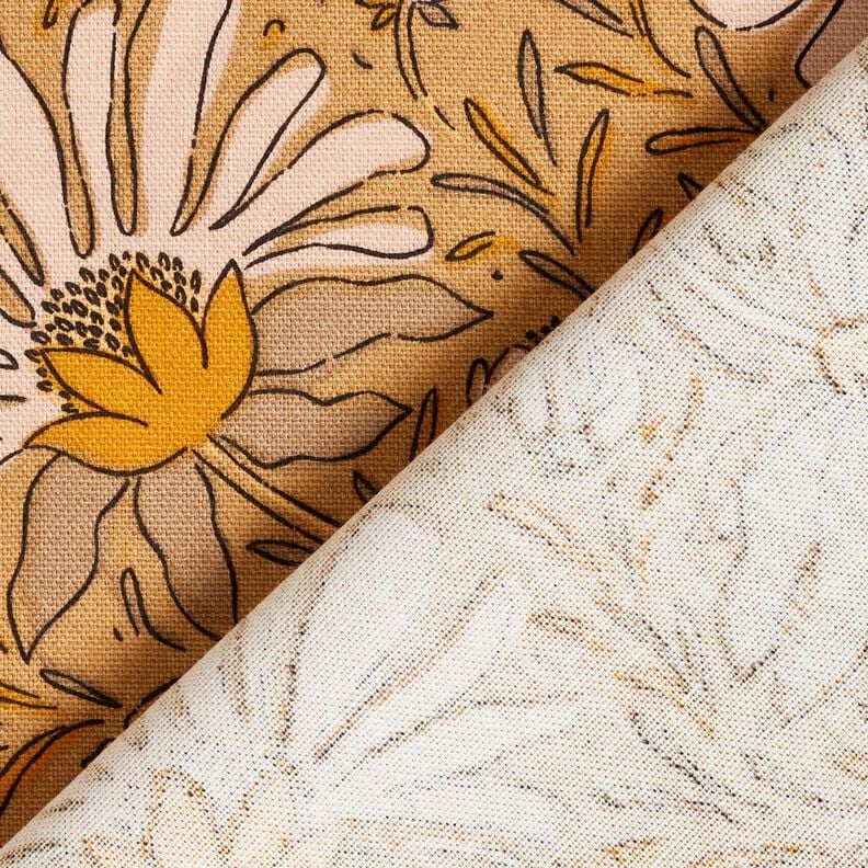 Dekostoff Halbpanama große Blumen – dunkelbeige/currygelb, image number 4